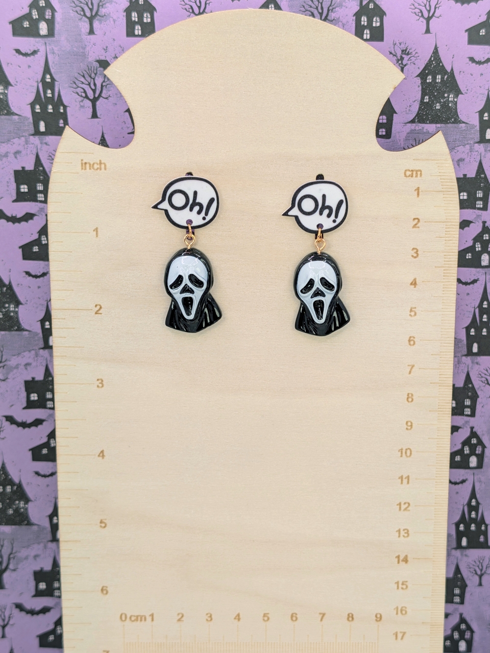 Black & White Ghostface Plastic Charm Earrings On Gold Tone Drop Studs